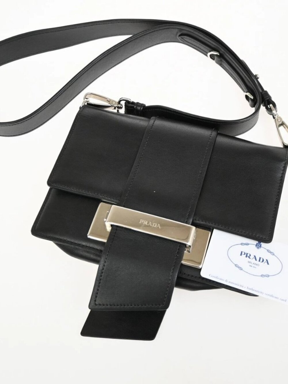 PRADA Logo Metal Ribbon Mini Shoulder Bag City Calf Leather Black SHW 79YJ076
